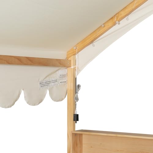 Image of Full Size Wooden Floor Bed for Kids,House-Shaped Daybed with Fense,3 Storage Bookshelves,Curtain and LED Light (Natural+Beige6)