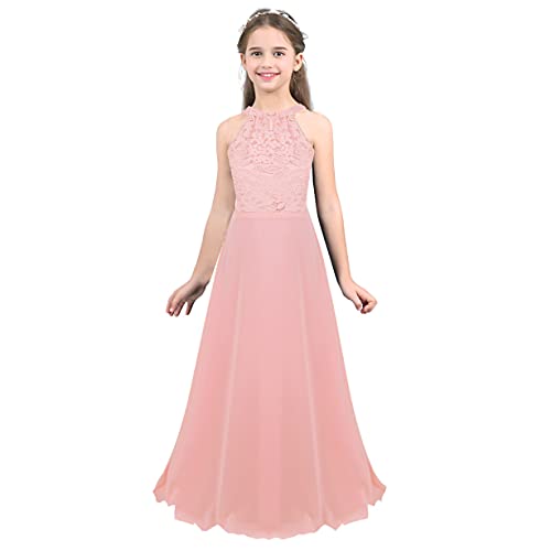 Hularka Kids Girls Halter Neck Princess Flower Girl Dress Floral Lace Chiffon Wedding Bridesmaid Dress Proms Maxi Gown