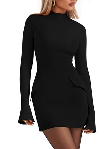 PRETTYGARDEN Womens Short Formal Dresses 2025 Fall Long Sleeve Mock Neck Elegant Cocktail Party Club Bodycon Mini Dress