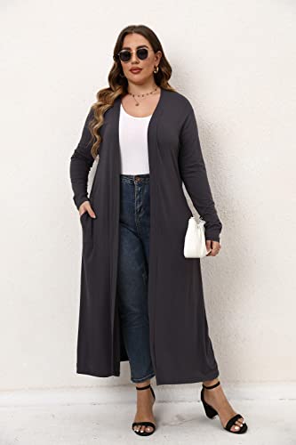 Image of Women Plus Size Floor Length Open Front Drape Cardigan Lightweight Long Sleeve Maxi Duster with Pockets 1X-5X