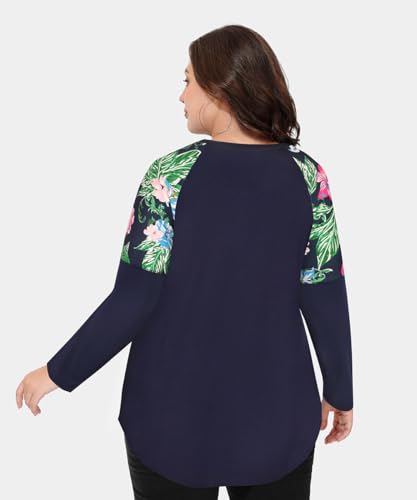 Image of CARCOS Plus Size Tops for Women Color Block Flower /Striped /Camo Crew Neck Long Sleeve Tee Shirt