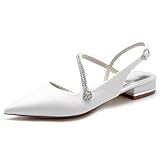 IvoireCh - Zapatos planos de satén con abalorio para mujer, cómodos zapatos de novia blancos con correa al tobillo, zapatos de fiesta de graduación, Blanco, 39 EU