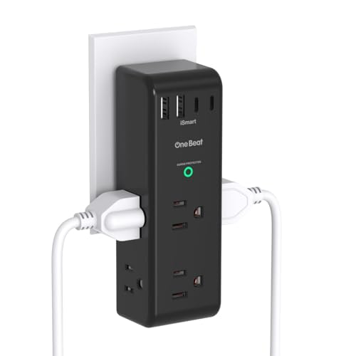 Surge Protector Outlet Extender with Rotating Plug 6 AC Multi Plug Outlet with 4 USB Ports (2 USB C) 1800 Joules 3-Sided Swivel Power Adapter with Spaced Outlet Splitter for Dorm Office Black