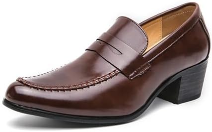 Men's Leather Block Mid-Heel Slip-On Formal Loafers Shoes Retro Handmade Pointed Chunky Heel Non-Slip Slip On Low Top Business Chelsea Oxford Shoes for Work Party Wedding Office