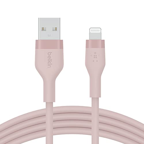 Belkin BoostCharge Flex Silicone USB Type A to Lightning Cable (2M/6.6FT), MFi Certified Charging Cable for iPhone 14/14 Plus, 13, 12, Pro, Max, Mini, SE, iPad and More – Pink
