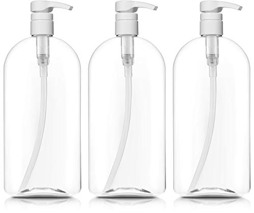 Bar5F Empty Shampoo Bottles with Pumps, 32oz 1Liter Large, BPA-FREE, Lightweight(Medium Density PETE1 Plastic) Pack of 3, White