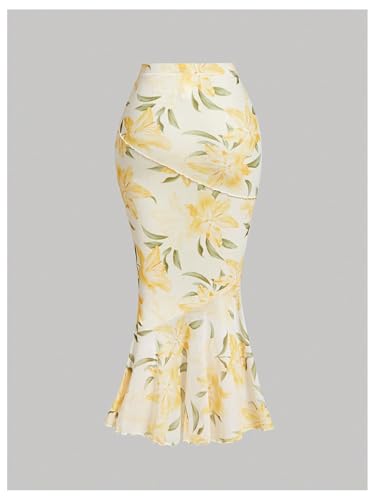 Milumia Women's Floral Print Bodycon Long Skirt High Waisted Fishtail Maxi Skirts2