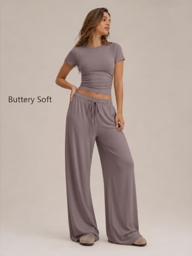 Image of Trendy Queen 2 Piece Matching Summer Lounge Set Womens Side Ruching Top Wide Leg Pants Sets with Pockets