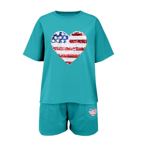 Teen Girls 2 Piece Shorts Set Matching Workout Outfits American Flag Graphic Tees and Shorts Patriotic Clothes Loung𝐞wear