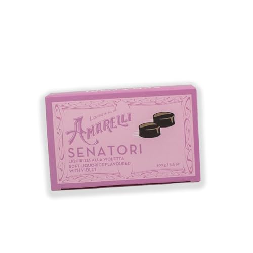 AMARELLI | Senatori – Regaliz Suave Aromatizado Con Violeta – 100g | Forma De Botón, Caramelos Violeta Con Sabor Único, Extracto De Regaliz Natural, Envase Clásico Y Elegante (UNIDAD)