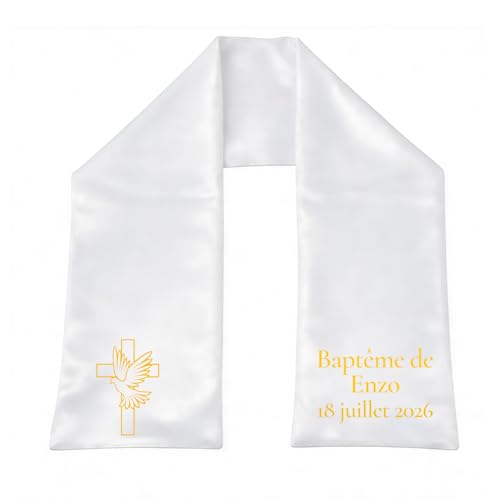 Générique Écharpe de Baptême Satiné Croix & Colombe Personnalisée Fait Mains Impression Directe, Doux et Agréable à Porter, Enfant Bébé