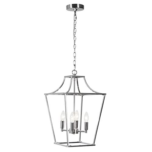 foucasal 4-Light Lantern Pendant Light, Brushed Nickel Hanging Light Fixtures Chandelier with E12 Bulb Base, 12" Adjustable Farmhouse Chandelier Lighting Fixture for Dining Room Kitchen Foyer