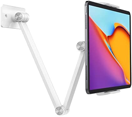 BEWISER Tablet Wall Mount Holder,Swivel 360° Rotating Flexibly, Height and Angle Adjustable, High-Grade Aluminium Alloy Long Arm Compatible with4.7-12.9" Phone and Tablet in Kitchen or Office (White)