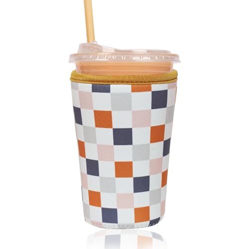 Image of Reusable Insulated Sleeve for Iced Coffee Cup, Coffee Neoprene Sleeve for Cold & Hot Drinks, Beverage Holder for Iced Coffee (Muted Grid, Medium: 22-24oz)