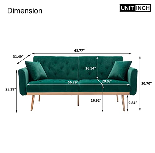 Sleerway Velvet Futon Sofa Bed With 5 Golden Metal Legs, Sleeper Sofa Couch With Two Pillows, Convertible Loveseat For Living Room And Bedroom, Green #TOP1