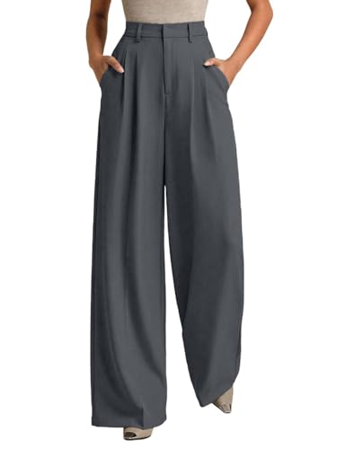 Image of KOTTY Women's High Waist Solid Color Hook and Bar Wide Leg Trousers Loose Comfort Trouser with Pockets