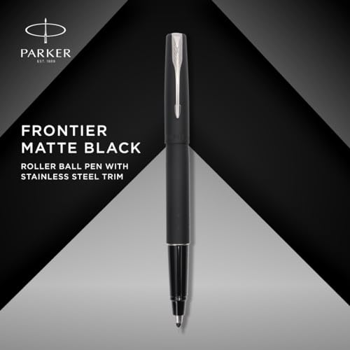 Image of Parker Frontier Matte Black Chrome Trim Roller Ball Pen| Ink Color - Blue | Perfect for Corporate Use | Elite Pen for Professionals
