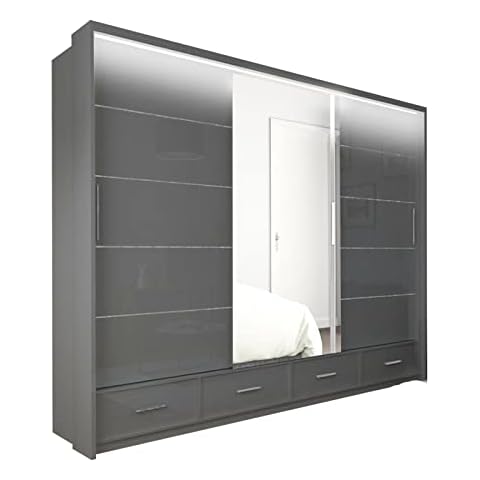 Fort High Glos Free Standing Sliding Mirorr Door Wardrobe (Grey, 255cm) Cover