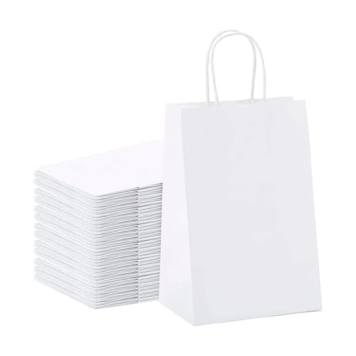 Deliex delicias de Extremadura 40 Bolsas de papel kraft con asas para regalos de 23,8 cm x 31,8 cm x 11 cm. Bolsas para comercios de papel biodegradable, reutilizables (Blancas)