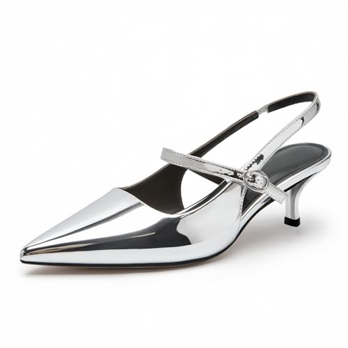 DREAMCIA Metallic Silver Heels for Women Dressy，Kitten Heels Women's Slingback Pumps with Pointed Closed Toe Low Heeled Shoes for Elegant Bridal Wedding Office Party（Size 11）