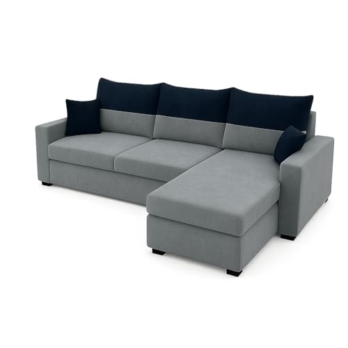 Image of FURNY Premium Huster 5 to 6 Seater Fabric RHS L Shape Sofa Set for Living Room | with Velvet Fabric in Dark Blue & Light Grey Color | Durable Comfort | Modern De