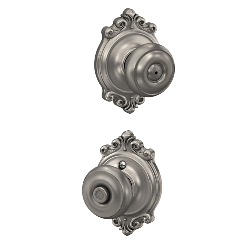 Image of Schlage F40 GEO 619 BRK Georgian Door Knob with Brookshire Trim, Bed & Bath Privacy Lock, Satin Nickel