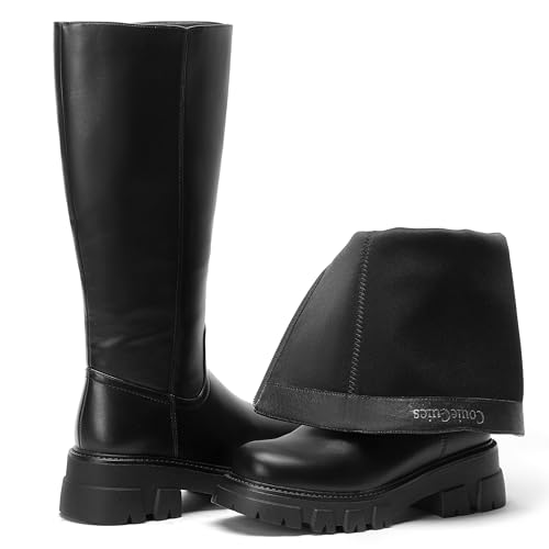 CouieCuies Women's Knee High Boots Black Tall Boot Lug Sole Shoes Below the Knee Comfortable Chunky Platform Dressy Boots Zipper2