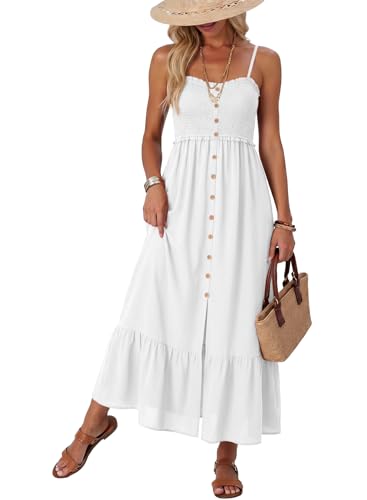 Image of Dokotoo Summer Dresses for Women 2025 Casual Sleeveless Sundresses for Women Button Down Smocked Spaghetti Straps Open Back A-Line Swing Flowy Beach Vacation Clothes Sun Maxi Dress White Medium