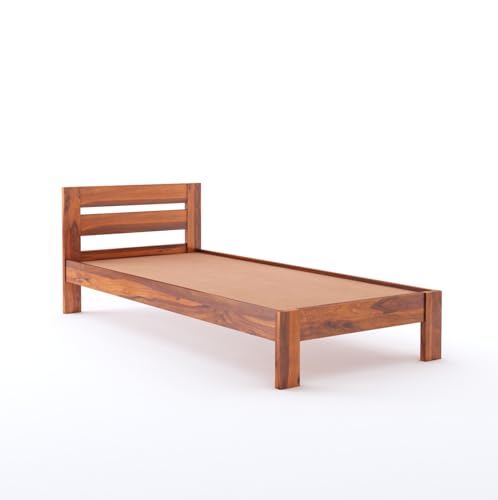 Image of BM WOOD FURNITURE Wooden Single Size Bed Without Storage | Single Cot with Upholstered Cushion Headboard for Hotel & Guest Room | Solid Wood Sheesham, Honey Finish