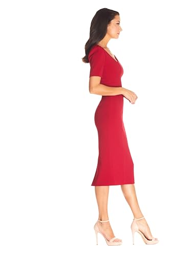 Image of Dress the Population Women's Ruth Short Puff Sleeves Asymmetrical Neckline Bodycon Midi Dress