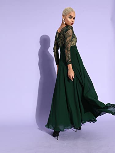 Image of Miss Chase Women's Round Neck Sleeve Embellished Fit Flare Maxi Dress
