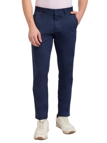 Image of Parx Men Low Rise Tapered Fit Solid Pattern Cotton Blend Flat Front Casual Trouser