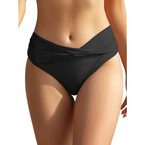 SHEKINI Women's Cheeky Swimsuit Twist Front Bikini Bottoms Ruched Swim Bottoms (Black, Large) Cover