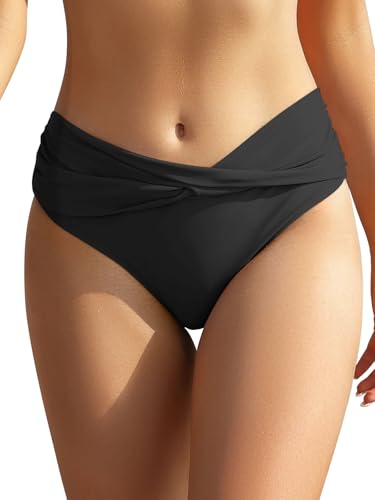 SHEKINI Women's Cheeky Swimsuit Twist Front Bikini Bottoms Ruched Swim Bottoms (Black, Medium)