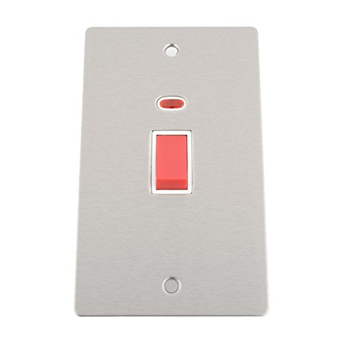 Cooker Switch w/Neon 45 Amp - Tall Plate - Satin Matt Chrome Flat - White Insert