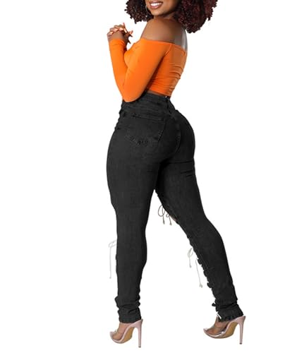 xxxiticat Women's Lace Up Denim Pants High Waist Cutout Bandage Criss Cross Bow Tie Destroyed Hollow Out Jean Trousers4