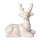 BURI Deko Hirsch liegend weiß Keramik Weihnachtsdeko Tierfigur Dekofigur Tischdeko
