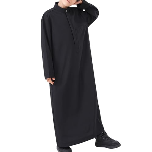 Boys Muslim Kaftan Kids Prayer Clothes Ramadan Eid Outfits Long Sleeve Solid Color Stand Collar Thobe with Pocket3