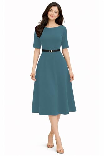Image of Women's Elegant Midi Dress with Belt | Half Sleeve Fit & Flare Casual Dress | Knee Length Office Party Western Dress for Women