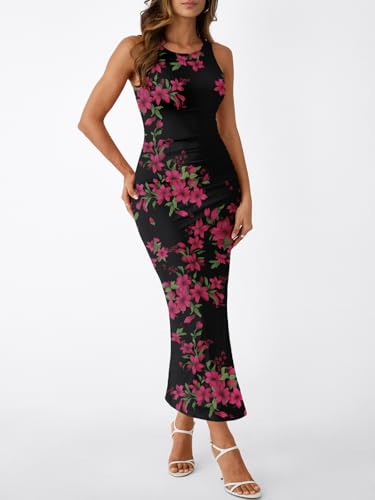 Image of Trendy Queen Bodycon Maxi Dress Womens Sleeveless Floral Print Fitted Party Club Ruched Dresses with Side Slit