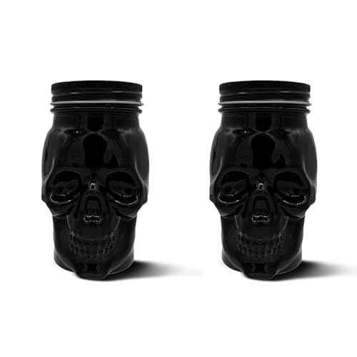 DURA LIVING Set of 2 Skull Mason Jar Glasses with Lids | 16oz Reusable Halloween Drinking Glasses | Unique Skull Décor, Storage, & Canning Jars for Parties & Gifts