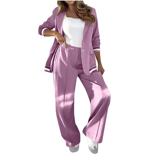 Women's Two Piece Outfits Casual Blazer Jacket and Wide Leg Work Pants Business Suit Color Block Tracksuit Sets