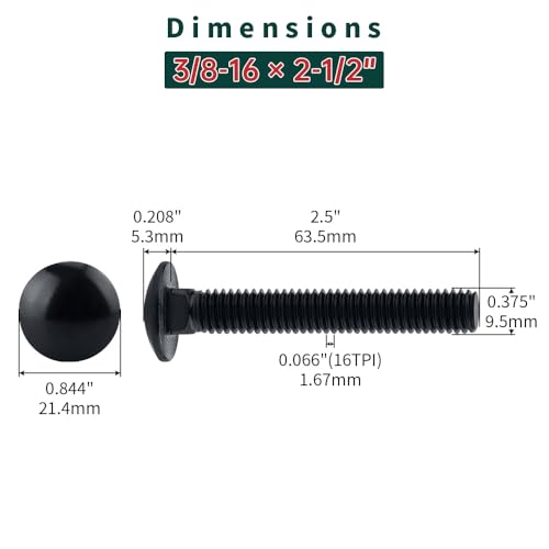 Image of 3 /8-16 x 2-1 /2 inch Black Carriage Bolts with Nuts and Washers Kits (10 Sets), 304 Stainless Steel 18 /8, Black Finish, Round Head, Square Neck, Heavy Duty Bolts, Indoor Outdoor Fastening Bolts, Fayeploo