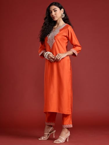 Image of INDO ERA Women's Liva Red Paisley Embroidered Sequinned Straight Kurta & Pant with Dupatta Set