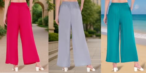 Image of Buy That Trendz Palazzo Pants for Women Rayon Elasticated Regular Fit Flared Wide Leg M to 6XL Pack of 3