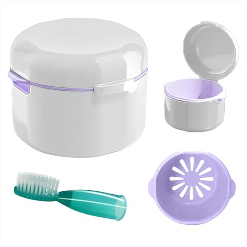 DIDATOOL Ferula Dental, Caja Dentadura Postiza, Baños para Dentadura, Estuche para Guardar la dentadura con Cesta de Enjuague Extraíble, Caja Dentadura Kit Limpieza Dental (Blanco)