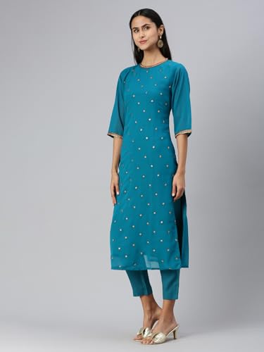 Image of Hritika Women's Faux Georgette Regular Kurta Set (HRKB0070RAMA L Blue