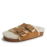 Dearfoams Women's Fireside Tamworth Shearling Slide Sandal with Cork Footbed and Adjustable Buckles, Chestnut, 10