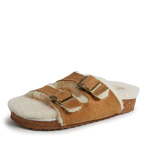 Dearfoams womens Fireside Tamworth Shearling Slide Sandal With Cork Footbed and Adjustable Buckles