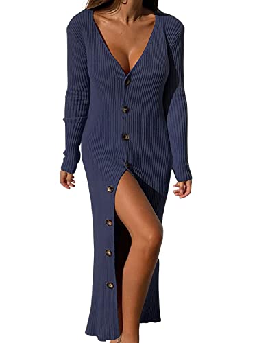 Image of ebossy Women's Ribbed Slim Long Knit Cardigan Sweater Sexy V Neck Button Down Crochet Maxi Dress Trench Coat